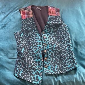 Dressed in LALA Teal and Black Leopard Print Vest with Plaid Accents Size Small